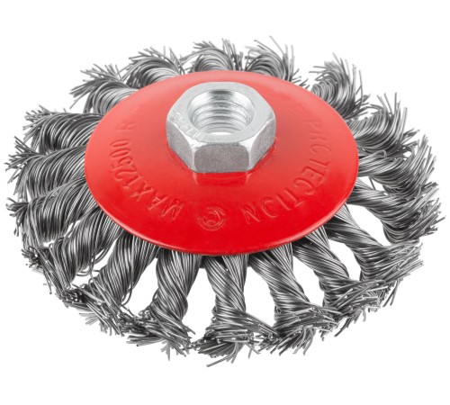 Корщетка-колесо с наклоном, гайка М14, стальная витая проволока 100 мм КУРС