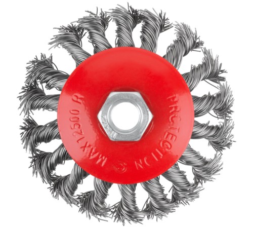 Корщетка-колесо с наклоном, гайка М14, стальная витая проволока 100 мм КУРС