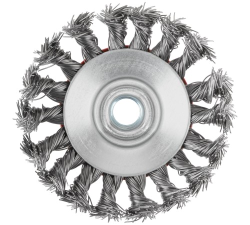 Корщетка-колесо с наклоном, гайка М14, стальная витая проволока 100 мм КУРС