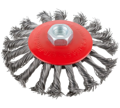 Корщетка-колесо с наклоном, гайка М14, стальная витая проволока 115 мм КУРС