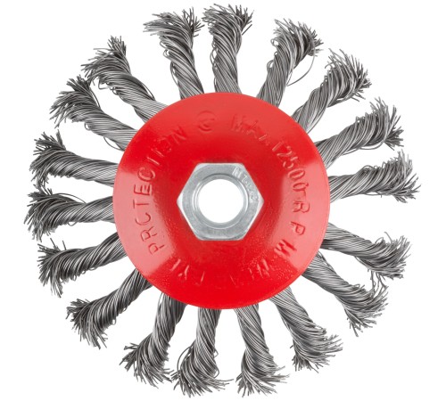 Корщетка-колесо с наклоном, гайка М14, стальная витая проволока 115 мм КУРС