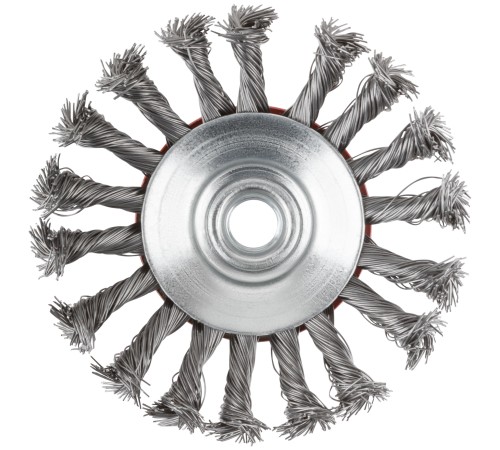 Корщетка-колесо с наклоном, гайка М14, стальная витая проволока 115 мм КУРС