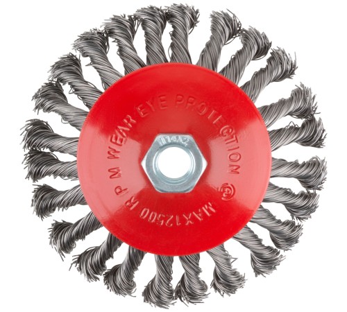 Корщетка-колесо с наклоном, гайка М14, стальная витая проволока 125 мм КУРС