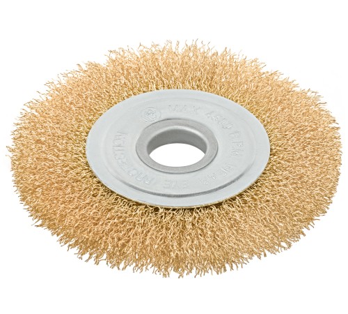 Корщетка-колесо, посадочный диаметр 22,2 мм, стальная латунированная волнистая проволока 125 мм, блистер КУРС