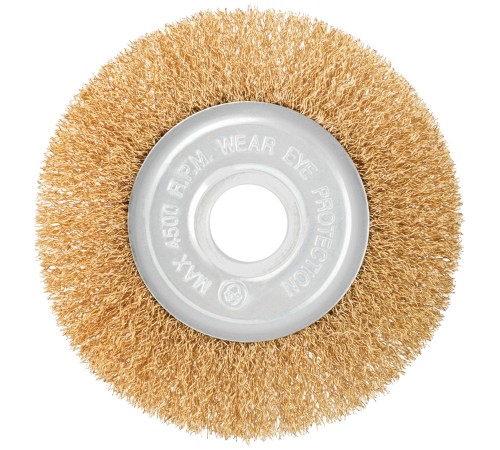 Корщетка-колесо, посадочный диаметр 22,2 мм, стальная латунированная волнистая проволока 125 мм, блистер КУРС