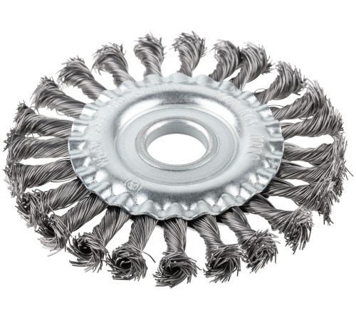 Корщетка-колесо, посадочный диаметр 22,2 мм, стальная витая проволока 125 мм, блистер КУРС