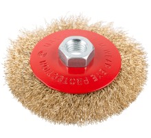 Корщетка-колесо с наклоном, гайка М14, стальная латунированная волнистая проволока 100 мм, блистер КУРС