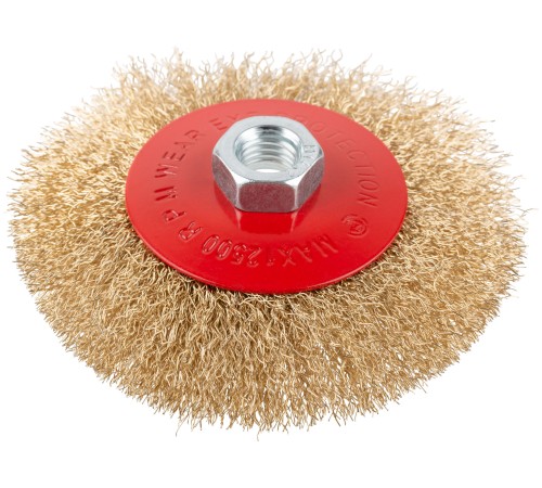 Корщетка-колесо с наклоном, гайка М14, стальная латунированная волнистая проволока 115 мм, блистер КУРС