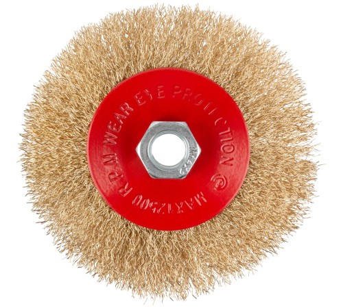 Корщетка-колесо с наклоном, гайка М14, стальная латунированная волнистая проволока 115 мм, блистер КУРС