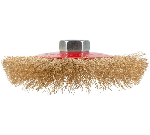 Корщетка-колесо с наклоном, гайка М14, стальная латунированная волнистая проволока 115 мм, блистер КУРС