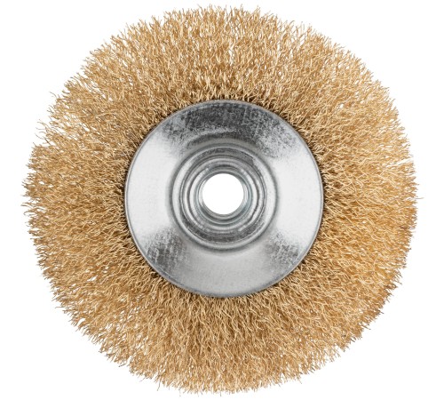 Корщетка-колесо с наклоном, гайка М14, стальная латунированная волнистая проволока 115 мм, блистер КУРС