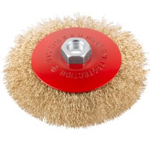 Корщетка-колесо с наклоном, гайка М14, стальная латунированная волнистая проволока 125 мм, блистер КУРС