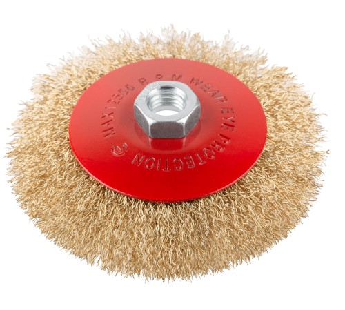 Корщетка-колесо с наклоном, гайка М14, стальная латунированная волнистая проволока 125 мм, блистер КУРС