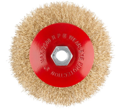 Корщетка-колесо с наклоном, гайка М14, стальная латунированная волнистая проволока 125 мм, блистер КУРС