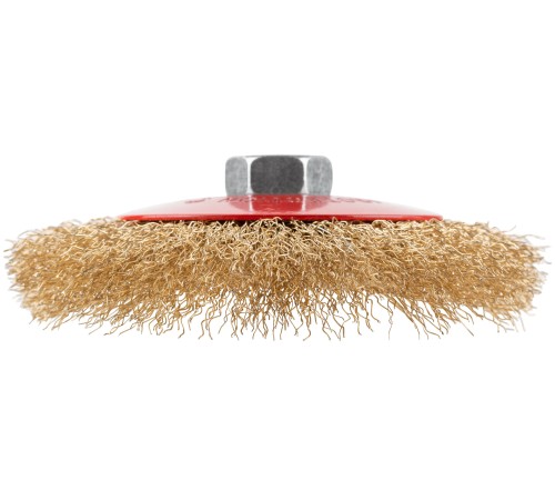 Корщетка-колесо с наклоном, гайка М14, стальная латунированная волнистая проволока 125 мм, блистер КУРС