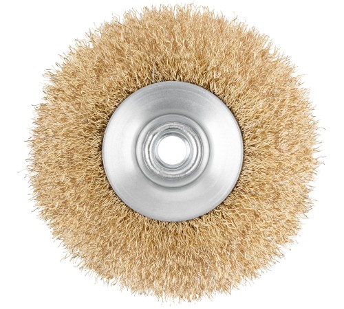 Корщетка-колесо с наклоном, гайка М14, стальная латунированная волнистая проволока 125 мм, блистер КУРС