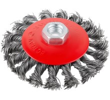 Корщетка-колесо с наклоном, гайка М14, стальная витая проволока 100 мм, блистер КУРС