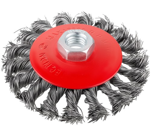 Корщетка-колесо с наклоном, гайка М14, стальная витая проволока 100 мм, блистер КУРС