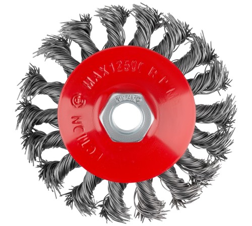 Корщетка-колесо с наклоном, гайка М14, стальная витая проволока 100 мм, блистер КУРС