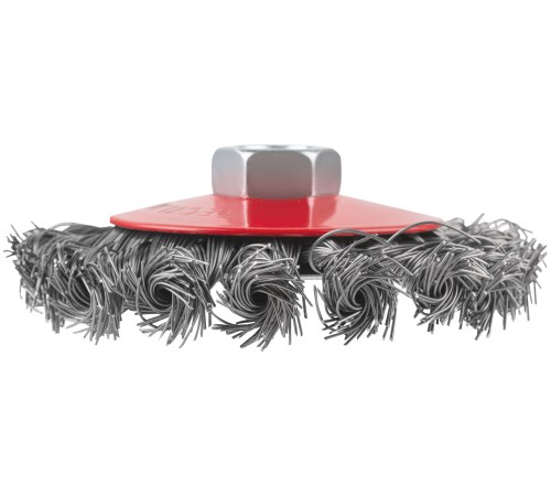 Корщетка-колесо с наклоном, гайка М14, стальная витая проволока 100 мм, блистер КУРС