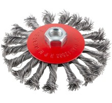 Корщетка-колесо с наклоном, гайка М14, стальная витая проволока 115 мм, блистер КУРС