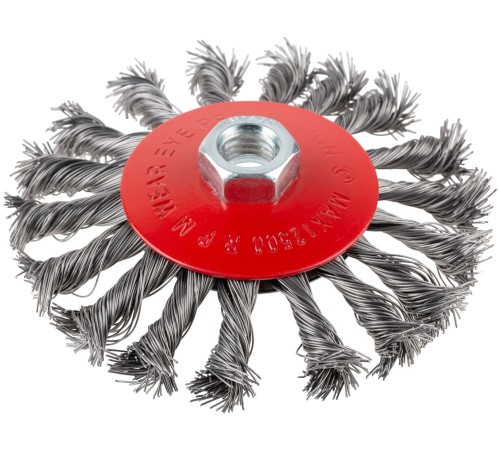 Корщетка-колесо с наклоном, гайка М14, стальная витая проволока 115 мм, блистер КУРС