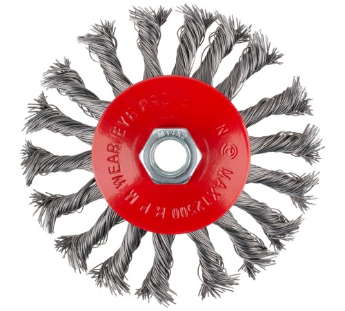 Корщетка-колесо с наклоном, гайка М14, стальная витая проволока 115 мм, блистер КУРС