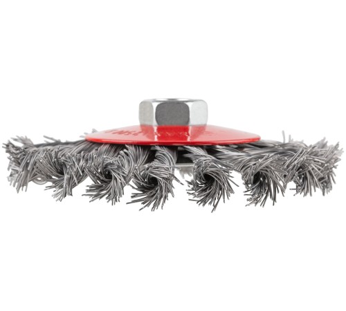 Корщетка-колесо с наклоном, гайка М14, стальная витая проволока 115 мм, блистер КУРС