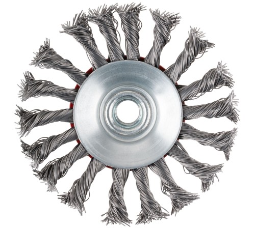 Корщетка-колесо с наклоном, гайка М14, стальная витая проволока 115 мм, блистер КУРС