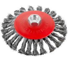 Корщетка-колесо с наклоном, гайка М14, стальная витая проволока 125 мм, блистер КУРС