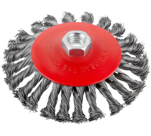 Корщетка-колесо с наклоном, гайка М14, стальная витая проволока 125 мм, блистер КУРС