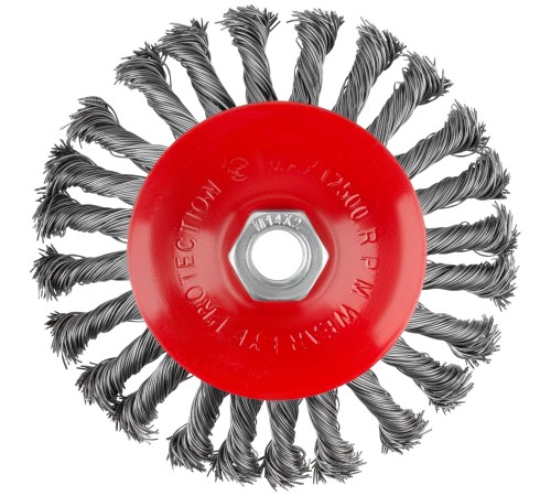 Корщетка-колесо с наклоном, гайка М14, стальная витая проволока 125 мм, блистер КУРС