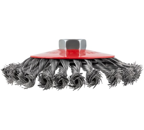 Корщетка-колесо с наклоном, гайка М14, стальная витая проволока 125 мм, блистер КУРС