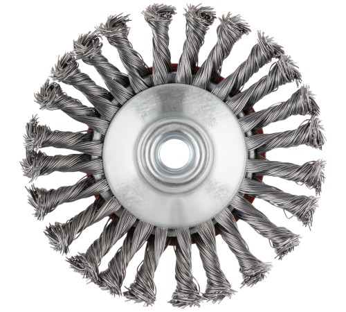 Корщетка-колесо с наклоном, гайка М14, стальная витая проволока 125 мм, блистер КУРС