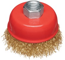 Корщетка-чашка, гайка М14, стальная латунированная волнистая проволока  65 мм, блистер КУРС