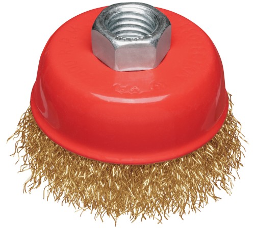 Корщетка-чашка, гайка М14, стальная латунированная волнистая проволока  65 мм, блистер КУРС