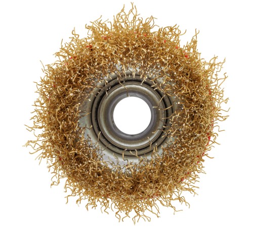 Корщетка-чашка, гайка М14, стальная латунированная волнистая проволока  65 мм, блистер КУРС