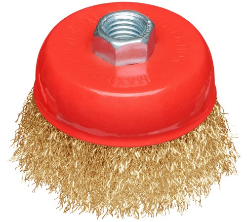 Корщетка-чашка, гайка М14, стальная латунированная волнистая проволока  75 мм, блистер КУРС