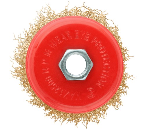 Корщетка-чашка, гайка М14, стальная латунированная волнистая проволока  75 мм, блистер КУРС