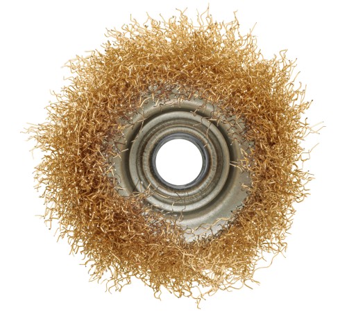 Корщетка-чашка, гайка М14, стальная латунированная волнистая проволока  75 мм, блистер КУРС