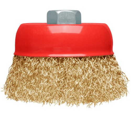 Корщетка-чашка, гайка М14, стальная латунированная волнистая проволока  75 мм, блистер КУРС