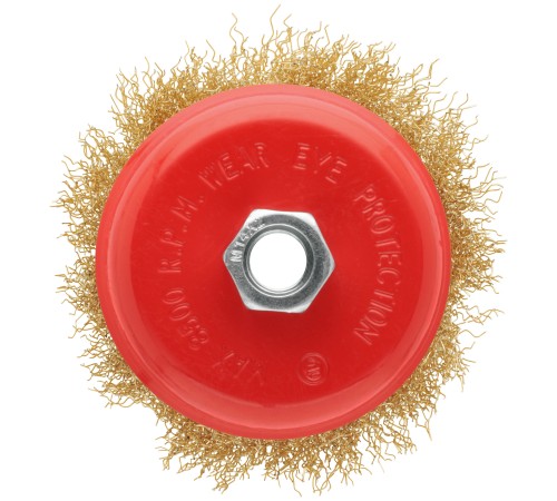 Корщетка-чашка, гайка М14, стальная латунированная волнистая проволока 100 мм, блистер КУРС