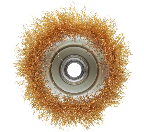 Корщетка-чашка, гайка М14, стальная латунированная волнистая проволока 100 мм, блистер КУРС