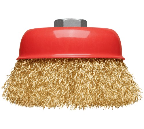 Корщетка-чашка, гайка М14, стальная латунированная волнистая проволока 100 мм, блистер КУРС