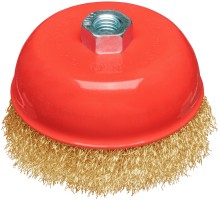 Корщетка-чашка, гайка М14, стальная латунированная волнистая проволока 125 мм, блистер КУРС