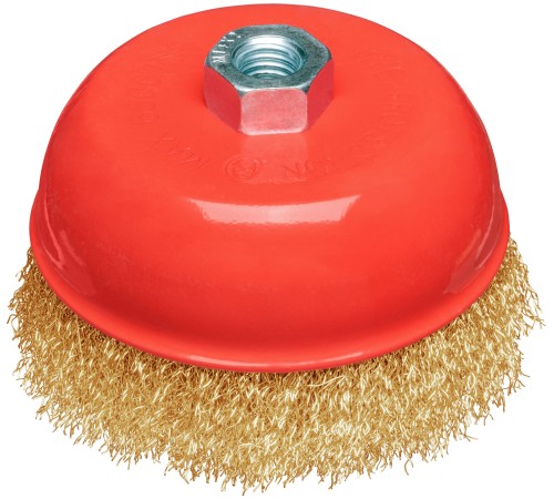Корщетка-чашка, гайка М14, стальная латунированная волнистая проволока 125 мм, блистер КУРС