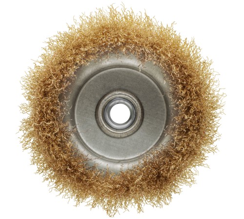 Корщетка-чашка, гайка М14, стальная латунированная волнистая проволока 125 мм, блистер КУРС