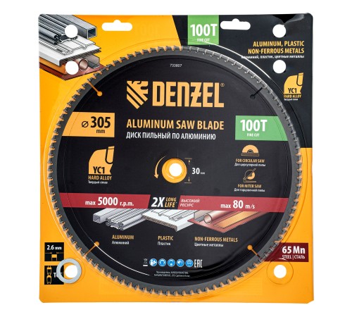 Пильный диск по алюминию ф305 х 30 мм, 100 зубьев Denzel