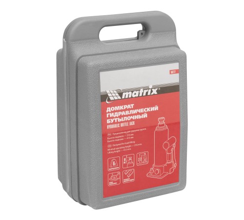 Домкрат гидравлический бутылочный, 6 т, h подъема 216-413 мм, в пластиковом кейсе Matrix