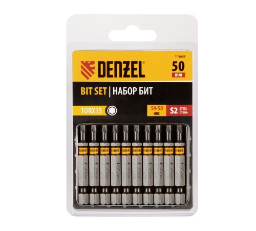 Бита TX 15х50, сталь S2, шестигранный профиль, 10 шт. Е 6,3 Denzel Бита TX 15х50, сталь S2, шестигранный профиль, 10 шт. Е 6,3 Denzel
